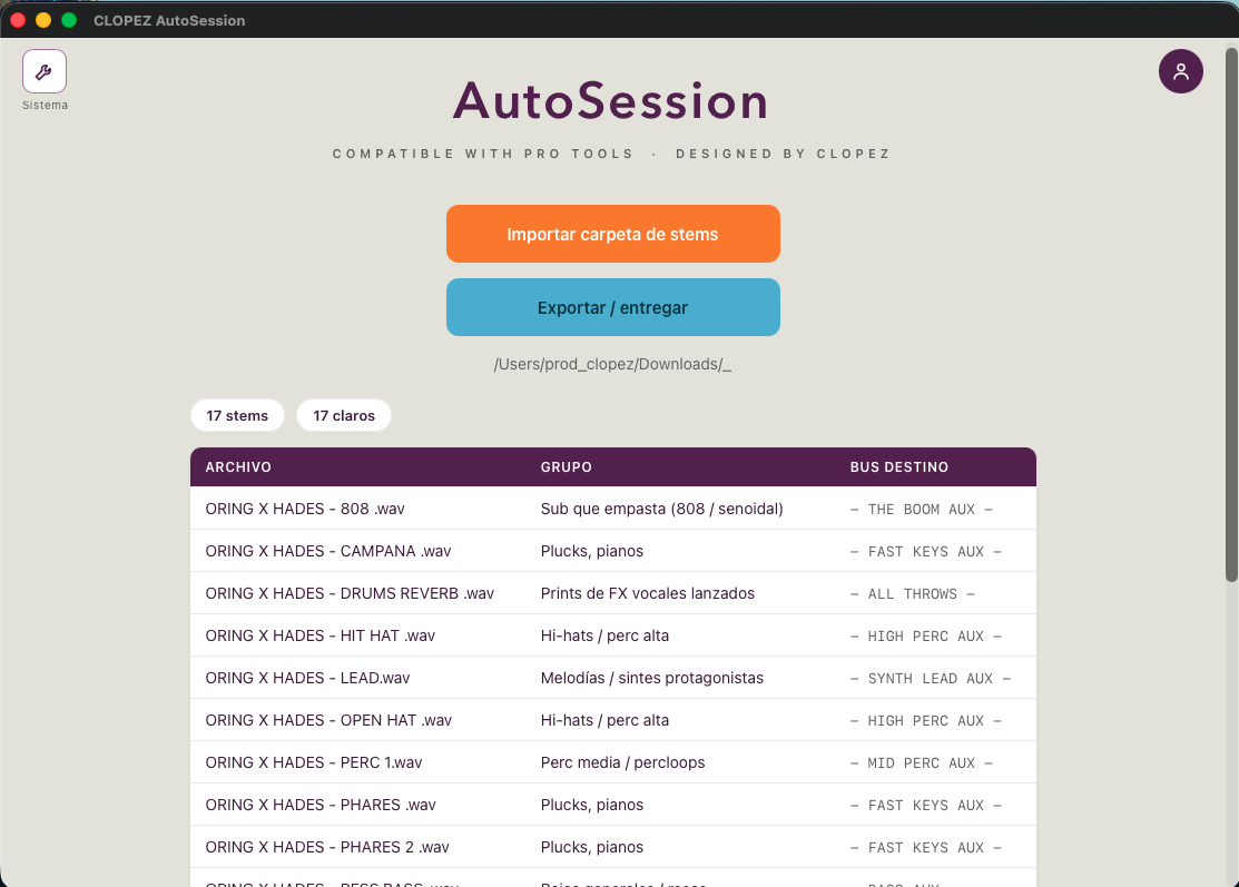Pantalla principal de AutoSession con los stems ya clasificados por grupo y bus