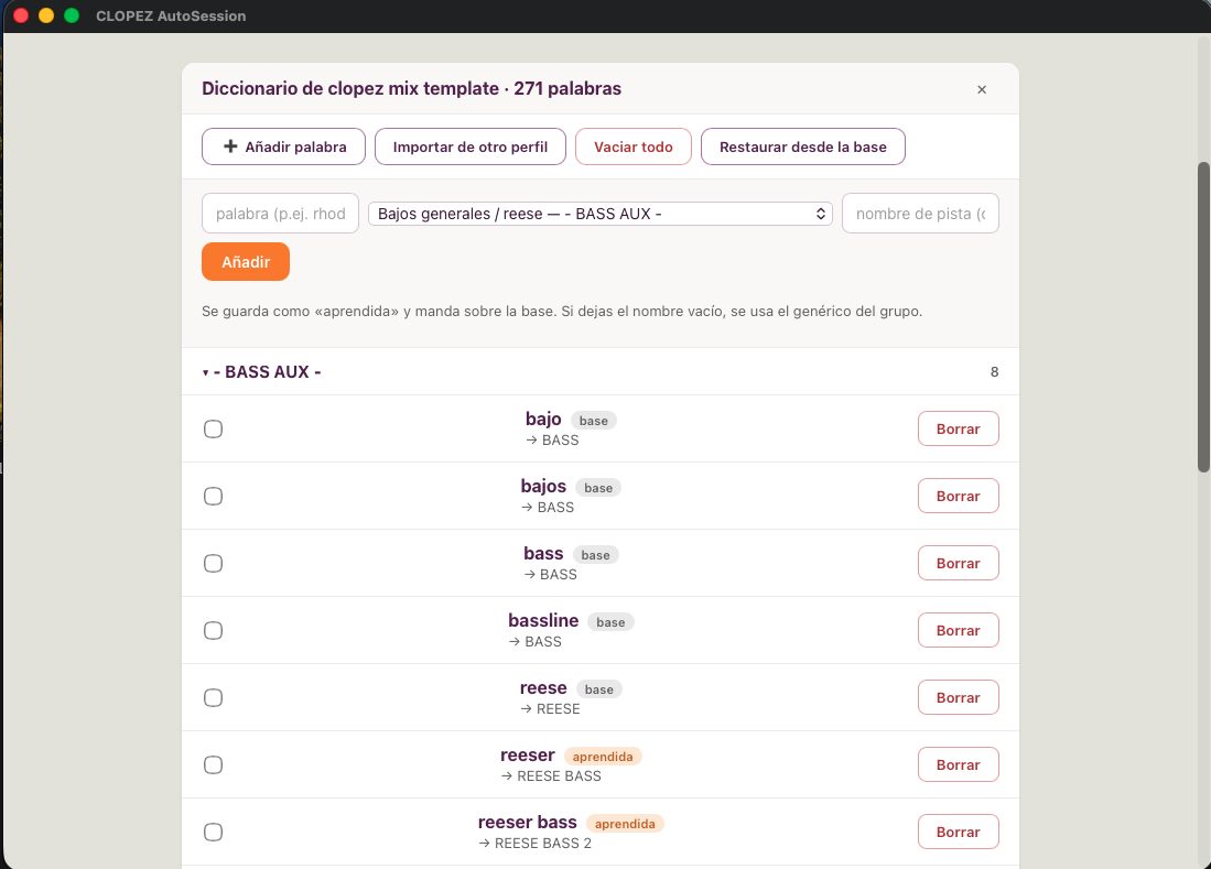 Diccionario de AutoSession con las palabras agrupadas por bus