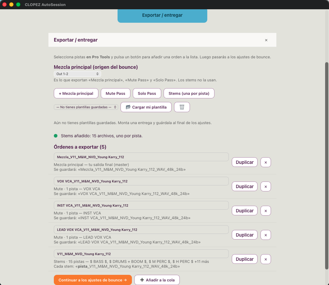 Módulo de exportar de AutoSession con la lista de órdenes de bounce